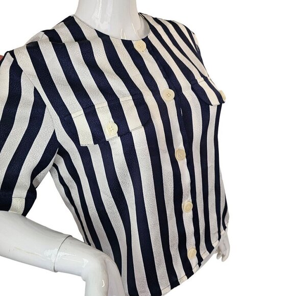 La Chine Petites Galinda Wang Striped Button-Up Shirt 6P Navy Silver Stripes 80s - Picture 3 of 10